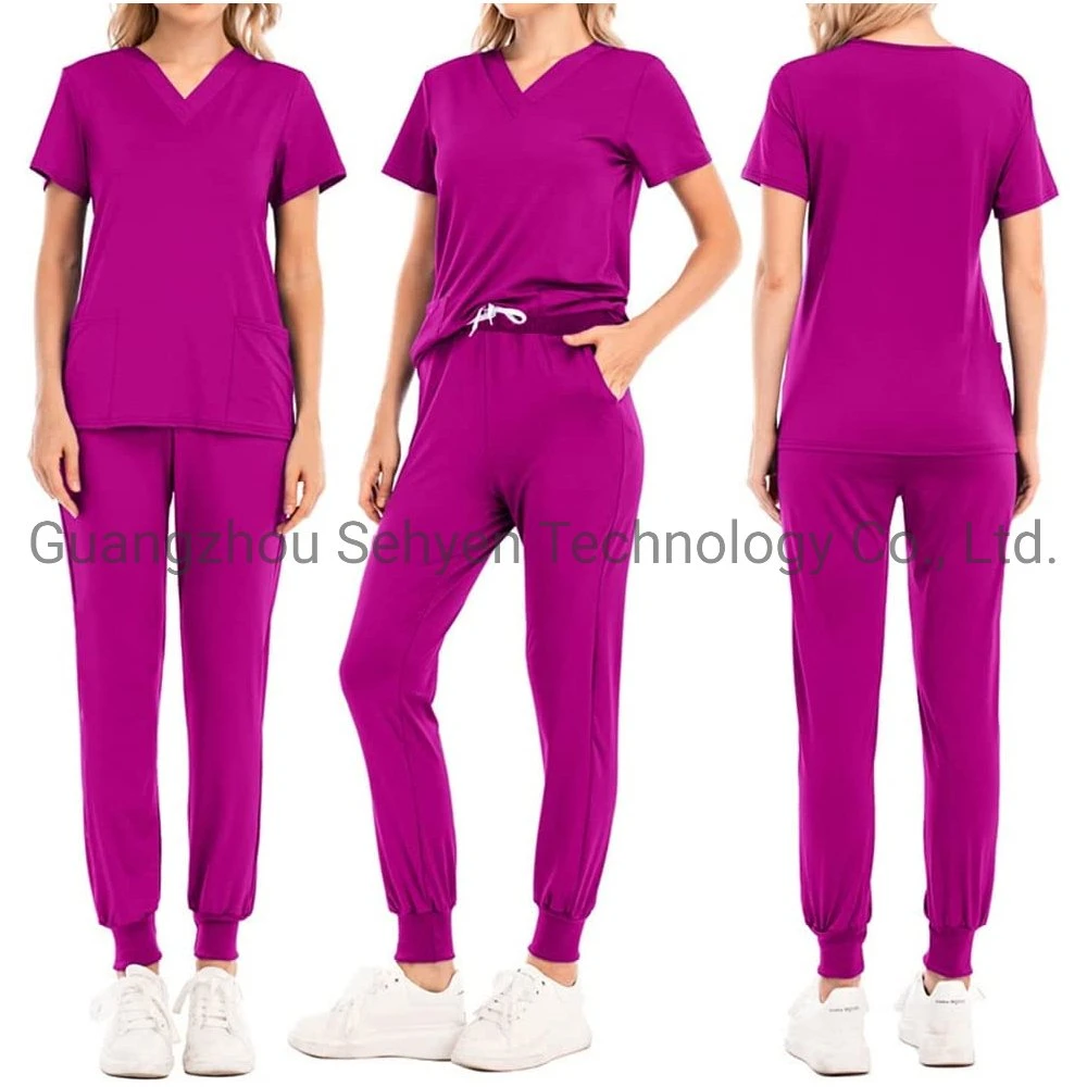 Scrubs for Women Joggers V-Neck Pocket Top Uniforms Athletic Stretch Set Workwear Drawstring Threaded Pant Legs Uniform Set